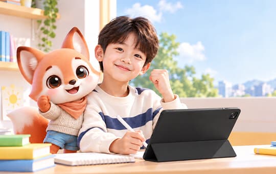 태블릿 앞에서 AI 영어 친구 폭슬리와 함께 웃고 있는 아이